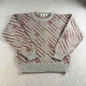 Vintage 1980s First Landing Mens XL Grey Pink Geometric Wool Blend Sweater